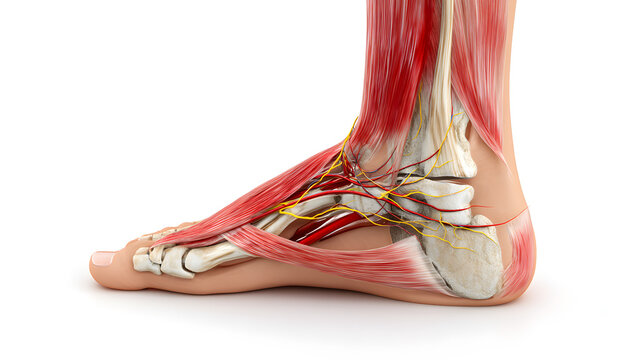 Human foot anatomy with exposed muscles tendons and nerves in tarsal tunnel detailed medical illustration