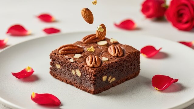 Delicious chocolate brownie topped with pecans and almonds, decorated with red rose petals and gold leaf on a white plate