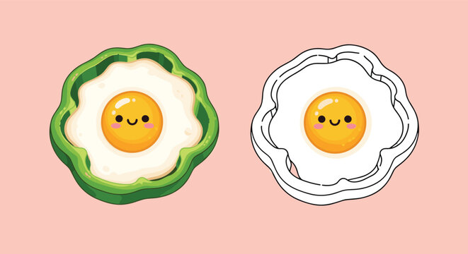 Cute illustration of a green bell pepper slice containing a happy fried egg with a smiling face and pink cheeks.