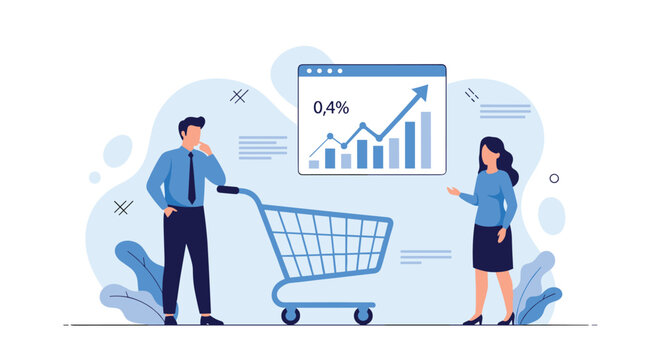 Businessman and businesswoman discussing retail growth and shopping trends next to an empty cart and a rising bar chart graph.