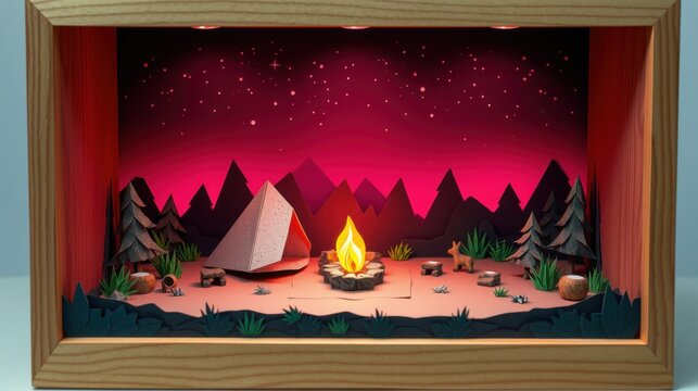 Papercraft diorama depicts camping scene. Tent, fire, mountains under starry night sky. Warm light emanates from within frame.
