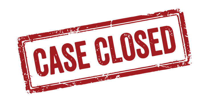 Red distressed case closed rubber stamp for legal justice and investigation files representing a solved mystery document