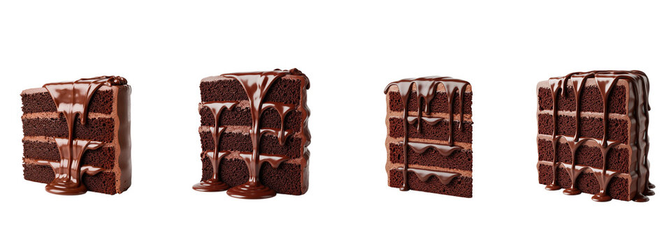 Four isolated slices of rich layered chocolate cake with dripping ganache