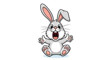 Obraz premium Cartoon grey rabbit with long ears showing a very surprised or shocked expression with its mouth wide open and paws up.
