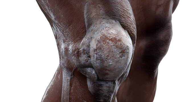 Photorealistic medical illustration of tibial plateau fracture with skin bruising and swelling