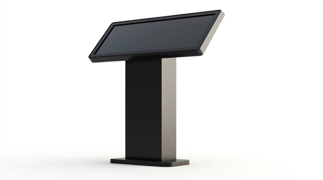 Modern interactive kiosk display on white background. Potential use for business or information display