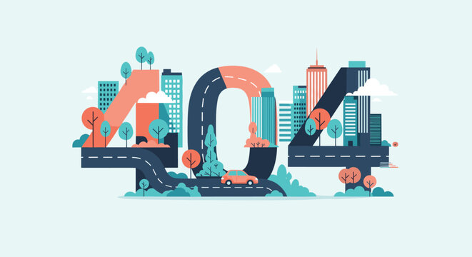 Creative 404 page error design for a website featuring a city landscape and winding roads forming the shapes of the numbers.