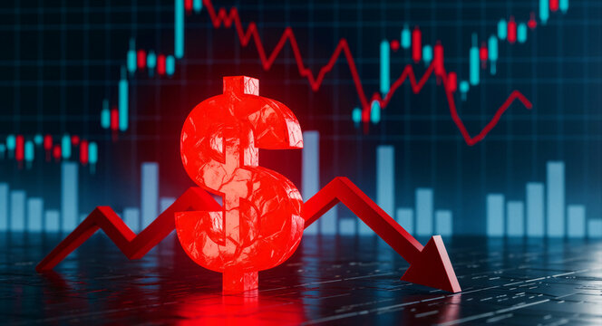 Red dollar sign with downward arrow on falling stock market graph. 3D illustration representing financial loss and economic recession. Global crisis concept for banking and market analysis.