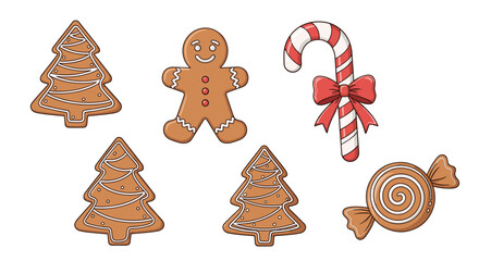 Fototapeta premium Festive assortment of Christmas treats including gingerbread man, decorated tree cookies, a candy cane, and a candy.