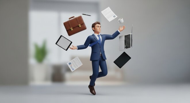 Businessman juggling work tasks, laptop, briefcase, documents, tablet, phone, coffee