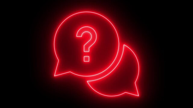 Glowing red neon question mark speech bubble sign, digital communication concept, faq and support symbol animation