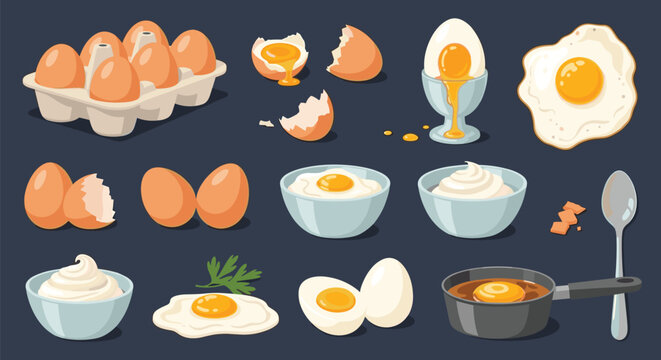 Collection of various egg preparations including whole raw eggs boiled fried poached and in a frying pan on a dark background.