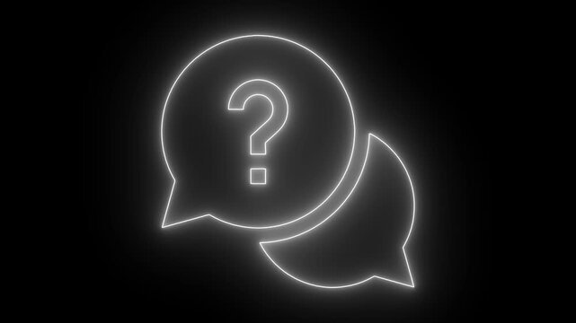 Neon question mark in speech bubble glowing communication concept animation on black background