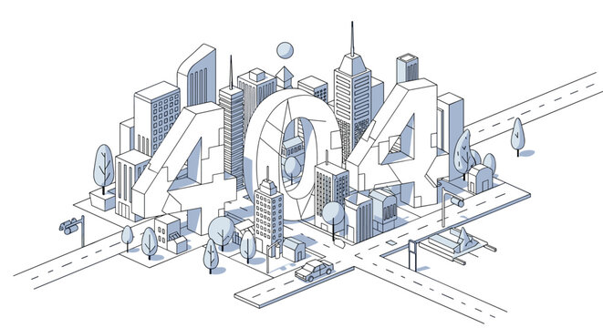 Creative isometric city map illustration incorporating a giant 404 error code to represent a lost website or technical problem.