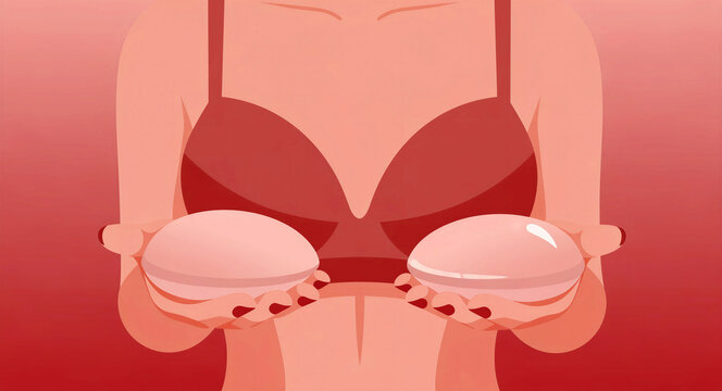 Woman holding silicone breast implants in her hands. Illustration of aesthetic plastic surgery preparations. Breast augmentation concept ideal for medical clinic marketing and wellness.