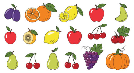 Fototapeta premium Wide variety of colorful fruit illustrations including apples, oranges, pears, grapes, lemons, cherries, plums, and a pumpkin.