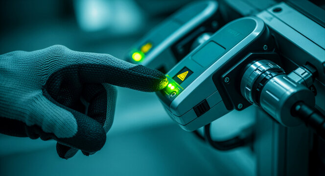 Gloved hand of a worker touching a button on an industrial sensor device. Modern equipment with glowing green status indicators. Automation control concept for smart manufacturing marketing.