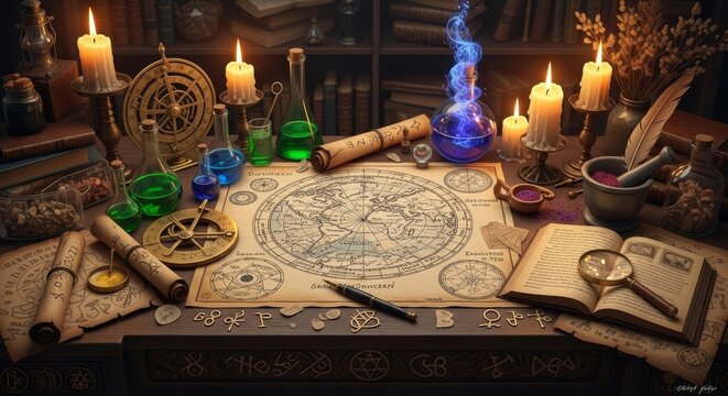 Ancient Alchemist's Desk with Flat Earth Map and Magical Items
