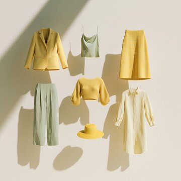 Fashion editorial featuring ghost mannequin display of butter yellow and green clothing items arranged on a light background with distinct shadows and visual appeal