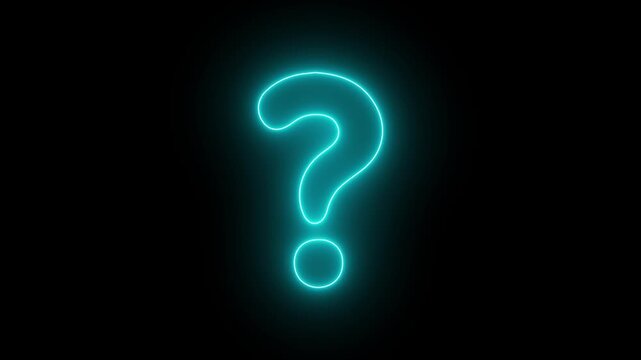 Glowing neon question mark sign pulsing on black background, digital concept of uncertainty and inquiry