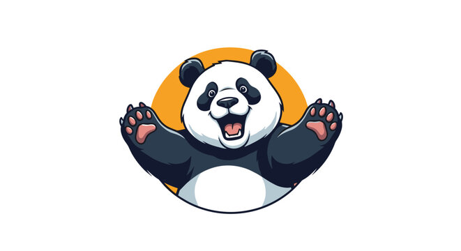 Cheerful cartoon panda bear character with wide open arms and a happy expression framed within a bright orange circle background.