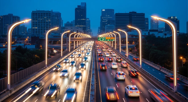 Busy highway traffic at night with city skyline in the background.