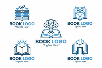 Naklejka premium A collection of innovative book logo designs capturing themes of knowledge, reading, and education, featuring various artistic symbols of books and trees.