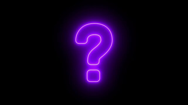 Neon purple question mark sign glowing in dark background, digital concept of mystery and faq
