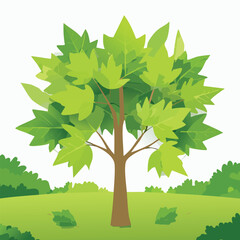 Obraz premium Cartoon tree illustration on green grass with blue sky background
