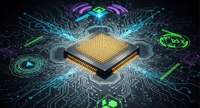 Central Processing Unit Microchip with Digital Circuitry and Data Flow.