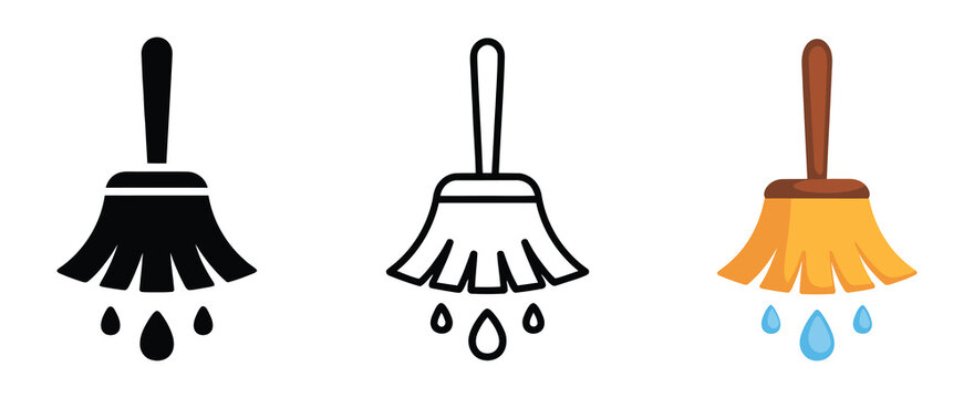 Home cleaning icons with mop head and droplets in flat solid monochrome thin black outline black and white and full color styles modern vector illustration