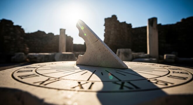 Ancient Sundial Casting Sharp Shadow on Roman Ruins