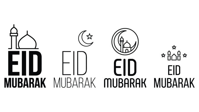 Eid Mubarak typography with Islamic architectural and celestial symbol variations.