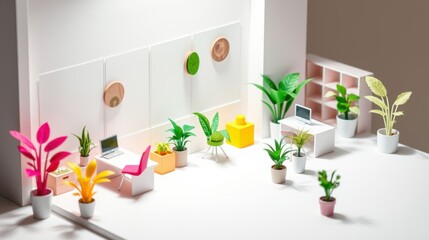 Fototapeta premium Minimalist room setup. Small furniture, plants, bright colors create playful workspace. Clean lines, simple design dominate scene.