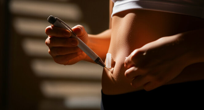 Woman injecting medicine into her abdomen with a pen. Patient performing self-care for chronic illness management. Diabetes and hormone therapy concept for medical marketing.