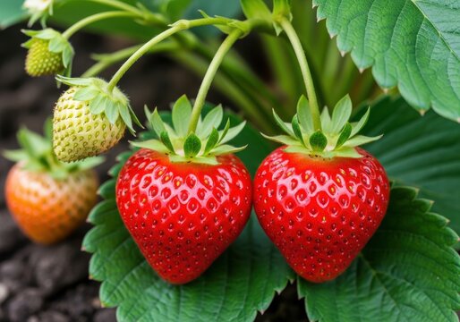 Ripe red strawberries grow in a garden patch alongside developing fruit.