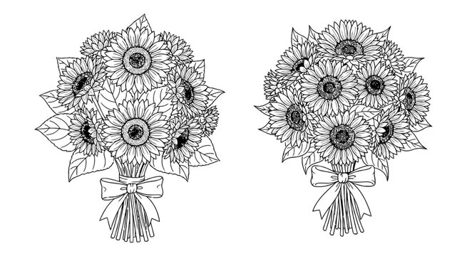 Hand drawn sunflower bouquet collection with ribbon bow for wedding or greeting