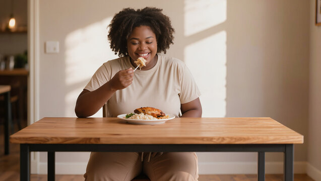 Black woman eating dessert at wooden table alone, casual dining and everyday lifestyle concept, enjoying a quiet meal indoors with warm sunlight