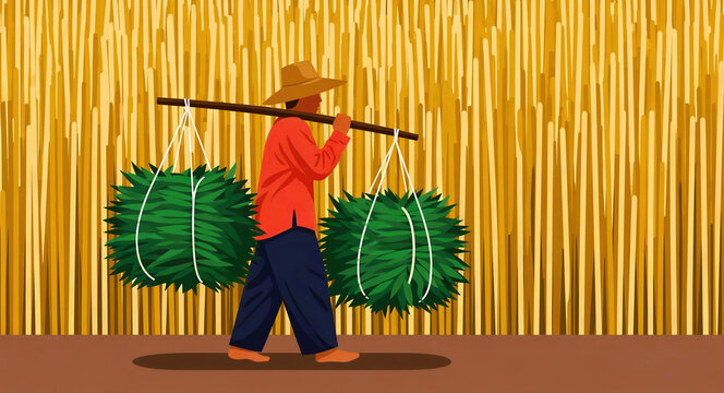 Illustration of a farmer carrying green harvest bundles on a shoulder pole. The worker walks against a background of yellow stalks. Conceptual art for agricultural labor and rural traditions.