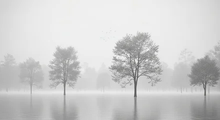 Fototapete Reflection Minimalist silver forest landscape with trees reflected in foggy water and birds flying overhead  © Lim