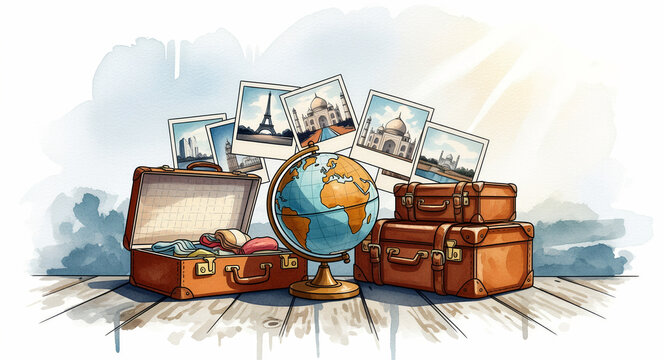 Watercolor illustration of vintage leather suitcases and a globe on wooden boards. Global landmark photos are scattered behind the luggage. Travel and wanderlust concept for tourism marketing.