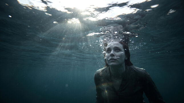 Woman face underwater looking for help, mental health concept of drowning in anxiety and social pressure at work