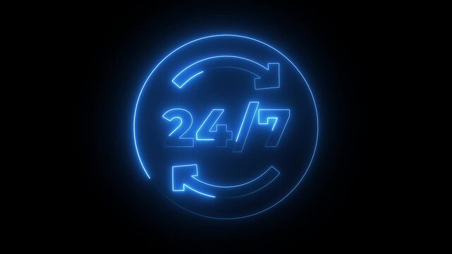 Neon 24/7 service sign glowing blue animation, continuous support and availability concept