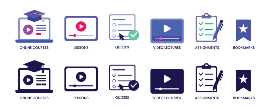 Vector icons for online learning concepts including courses, lessons, quizzes, lectures, assignments, and bookmarks in blue colors