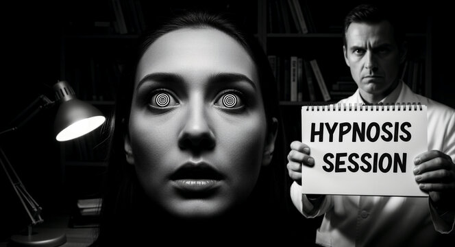 Woman in a trance with spiral eyes during a hypnosis session. Male hypnotist in a lab coat stands in the background. Psychological therapy concept ideal for mental health and mind control themes.