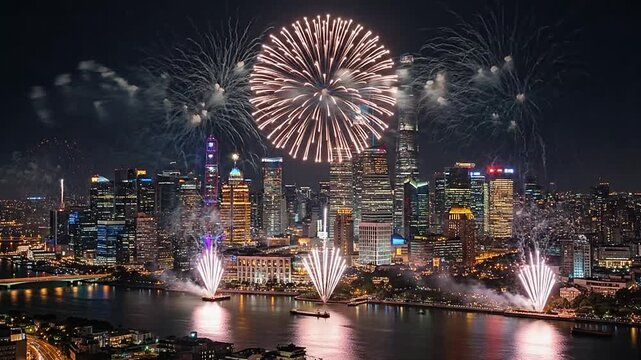 Colorful fireworks exploding over Shanghai skyline at night