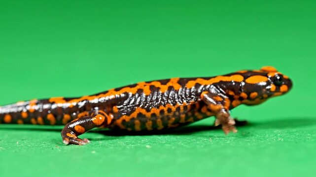 Close-Up of a Vibrant Orange and Black Spotted Salamander Moving Across Green Background