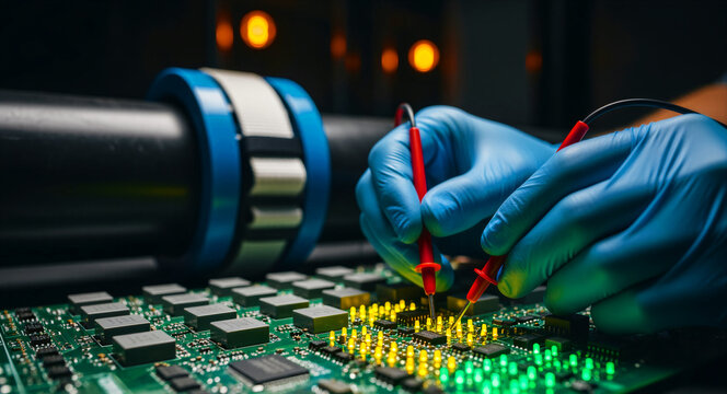 Technician in blue gloves testing a circuit board with multimeter probes. Precise electronic hardware diagnostics in a high-tech lab. Engineering concept for industrial technology marketing.