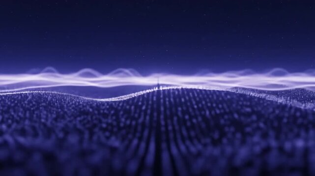 Glowing digital landscape with wavy light patterns and stars