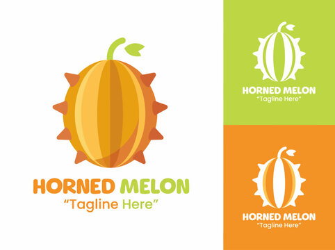 This eye-catching logo represents a horned melon, with vivid colors and a playful design that captures its unique shape, suitable for food branding and marketing.